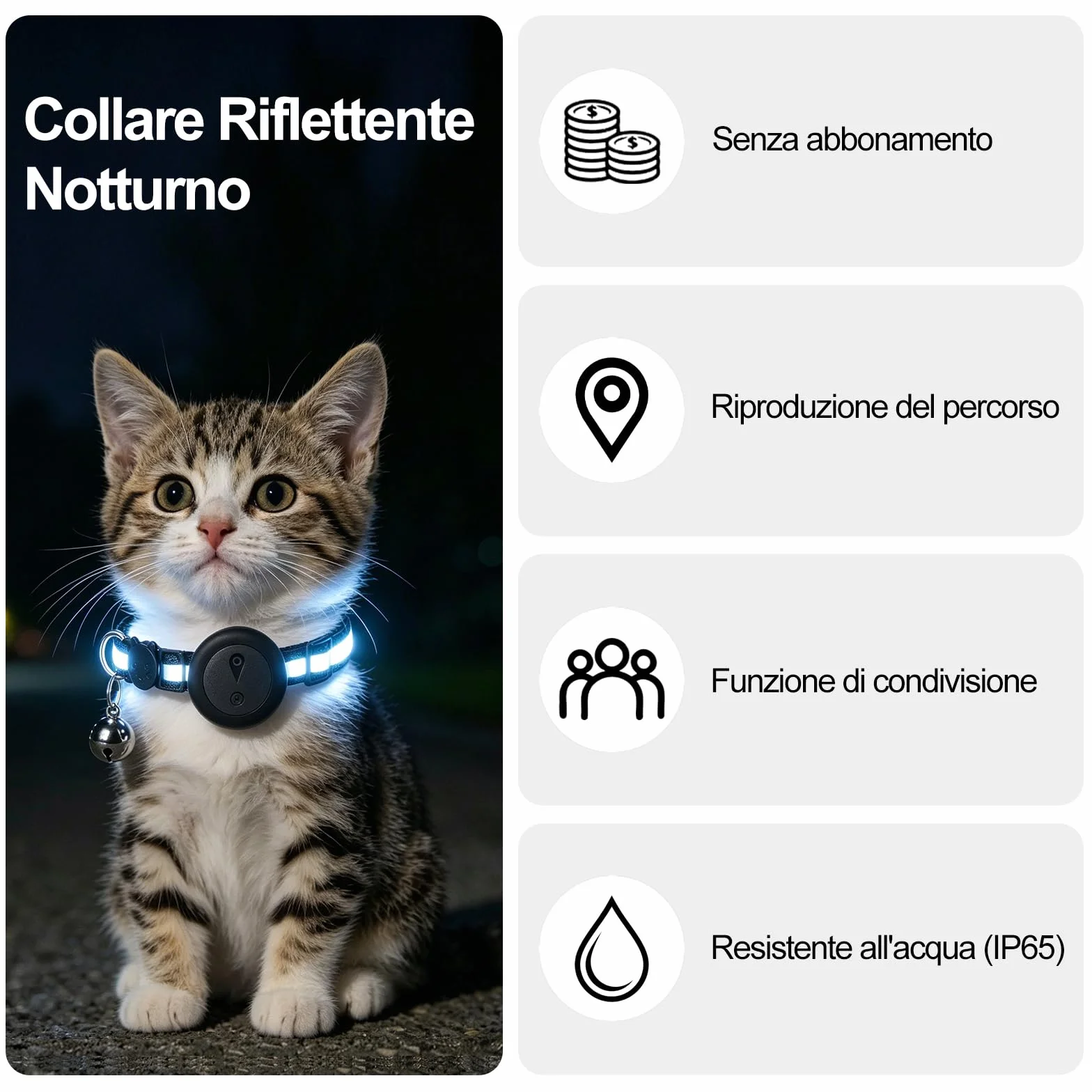 Collare GPS Gatto 2 in 1,Collare GPS per Cani Riflettente,Tracker per Cani Senza Abbonamento,Compatibile con iOS/Android,Collare Regolabile con Campanellino,Adatto a Cane di Piccola Taglia/Gatti-Nero