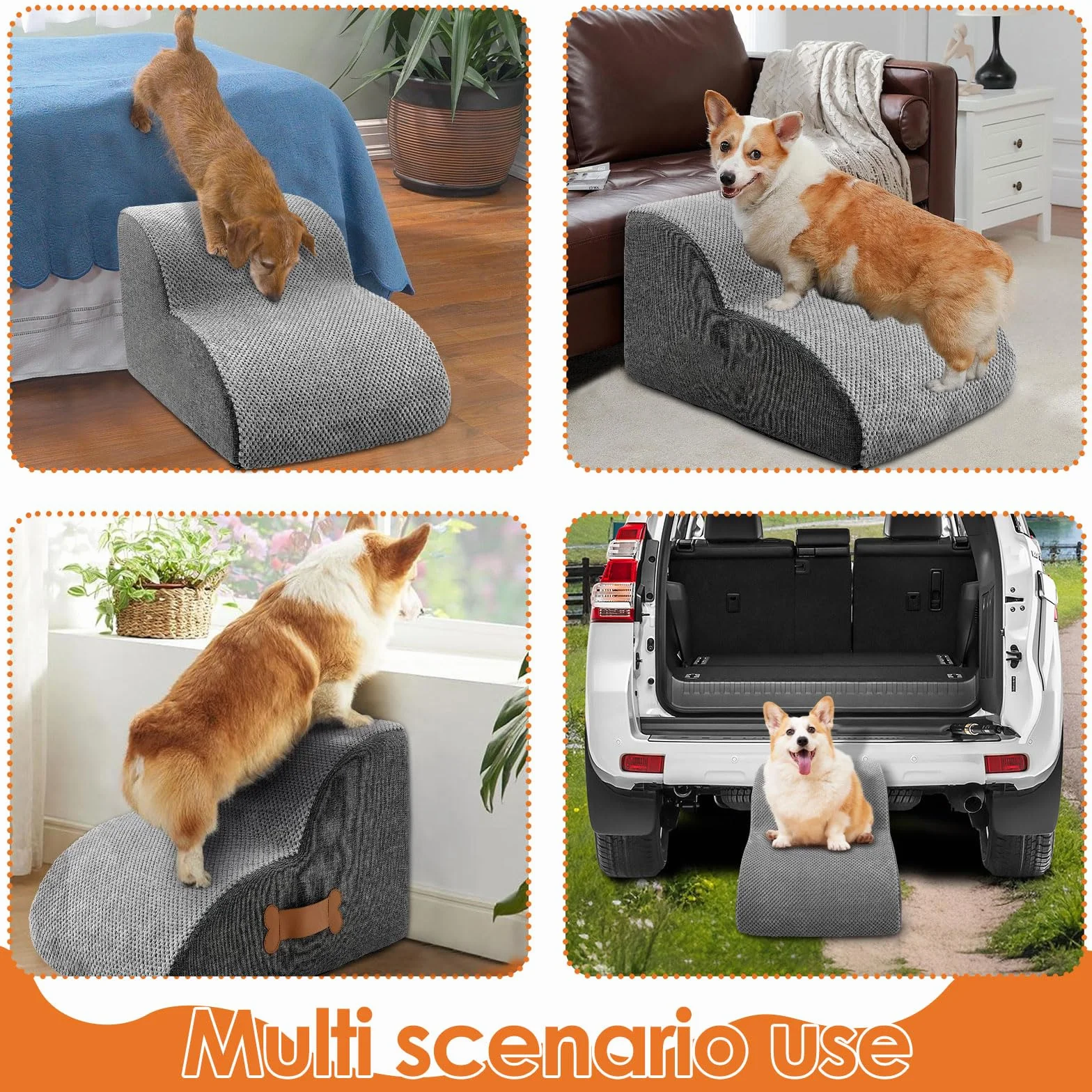 Scala per cani di piccola taglia con rivestimento lavabile e fondo antiscivolo, 55 x 34 x 40 cm, scala per animali domestici, scala a 3 livelli, rampa per cani rimovibile per letto, divano (grigio