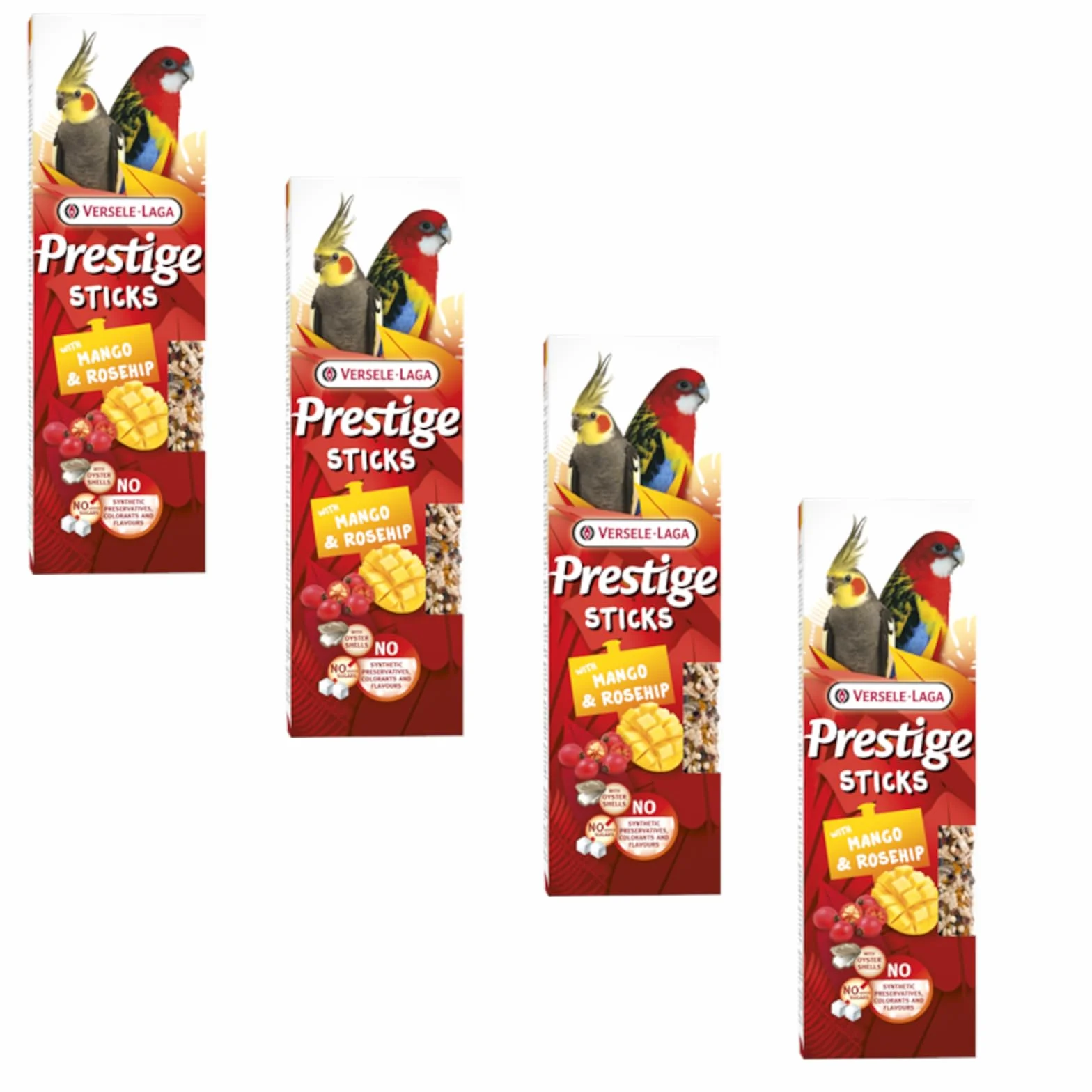 Versele-Laga Prestige Sticks Parrocchetti Grandi con Mango & Rosa Canina | Confezione da 4 | 4 x 140 g | Snack per grandi parrocchetti | Senza zuccheri aggiunti né conservanti sintetici