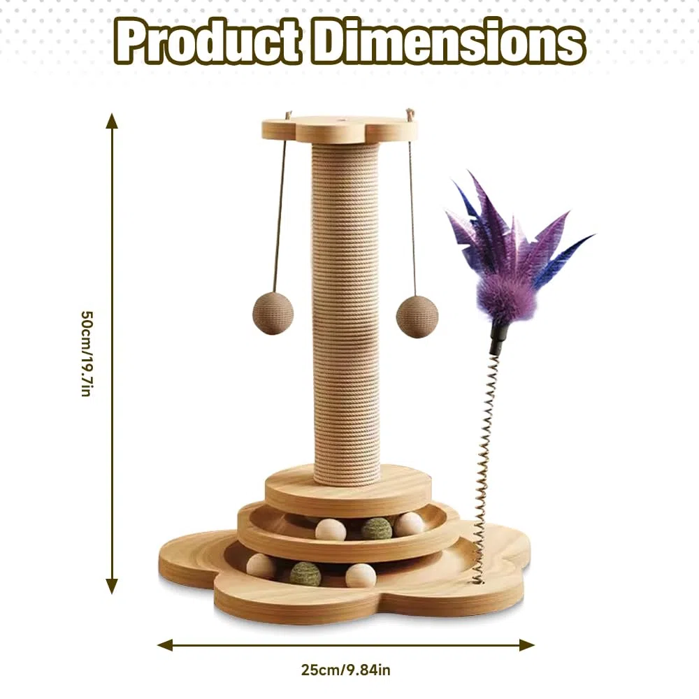 Giocattolo Interattivo per Gatti in Legno,50CM Tiragraffi 4 in 1 Giocattolo per Gatti,Giochi per Gatti con Palla Appesa e Piuma Elastica,Cat Toy per Gatti Piccoli/Medi,Gioco cura Degli Artigli