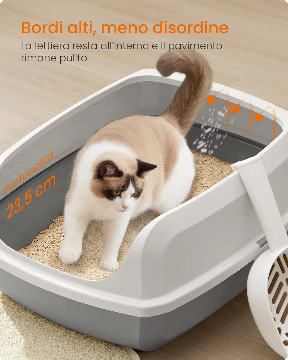 Feandrea Vassoio Lettiera per Gatti con Bordi Alti, XXL, Aperto con Paletta, per Gattini e Gatti Grandi, Bianco Nuvola PPT010W101
