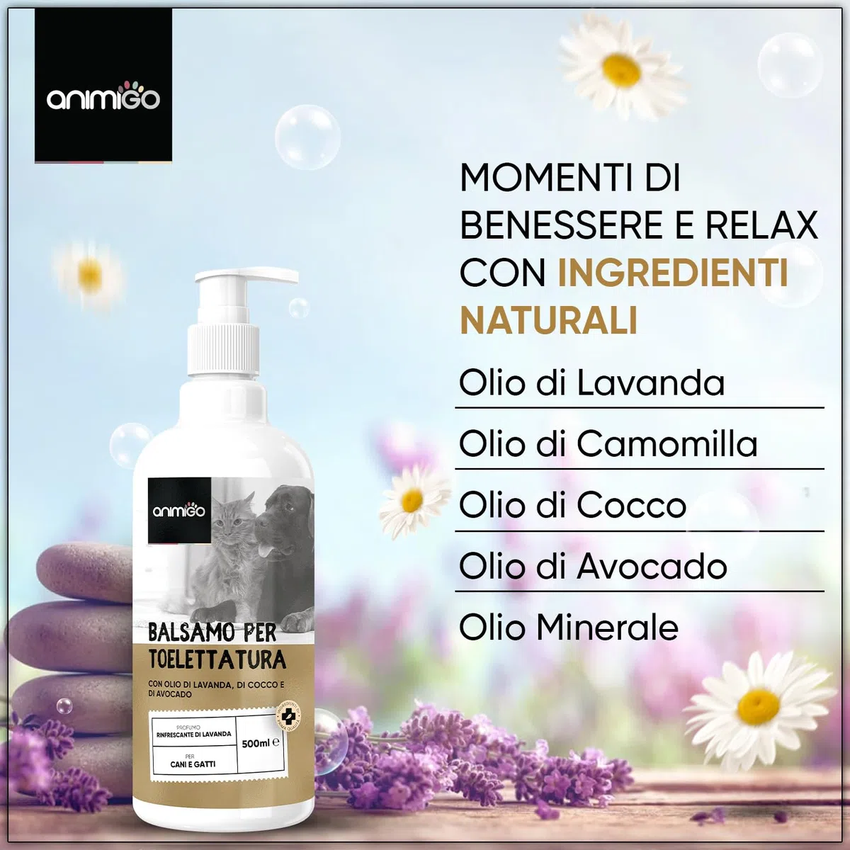 Balsamo per Cani e Gatti 500ml, Oli Minerali, Olio di Cocco, Avocado, Sciogli Nodi Pelo Cane e Gatto Lungo, Corto, Balsamo Cani per Toelettatura, Fragranza di Lavanda, PH Neutro, Vegano, con Dosatore