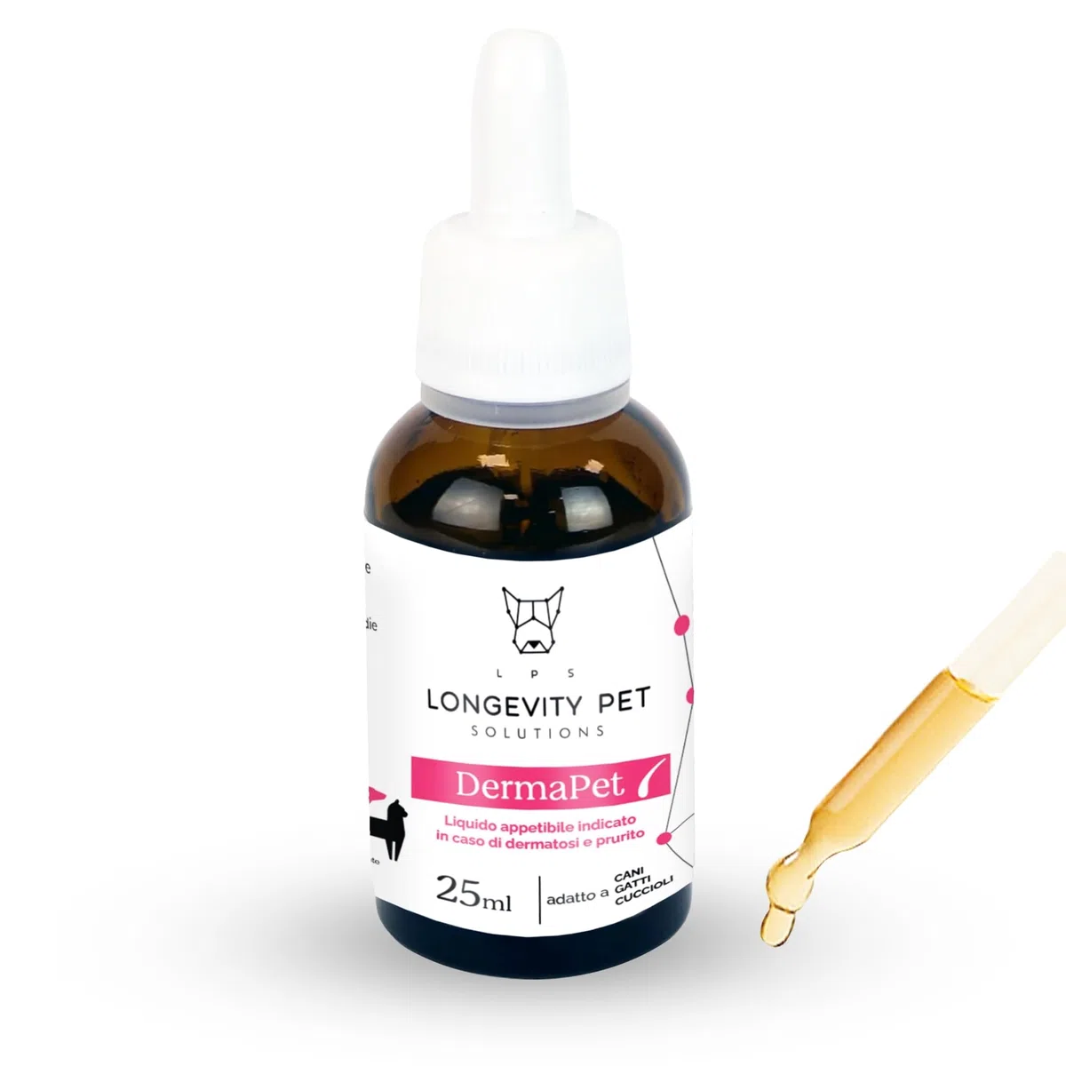 DermaPet Integratore Dermatite per Cute Cani e Gatti | Lenitivo Anti Rossore Naturale con Olio di Ribes | Prurito Cane e Gatto | 25ml | Integratori Olio contro Dermatiti Made in Italy | Longevity Pet