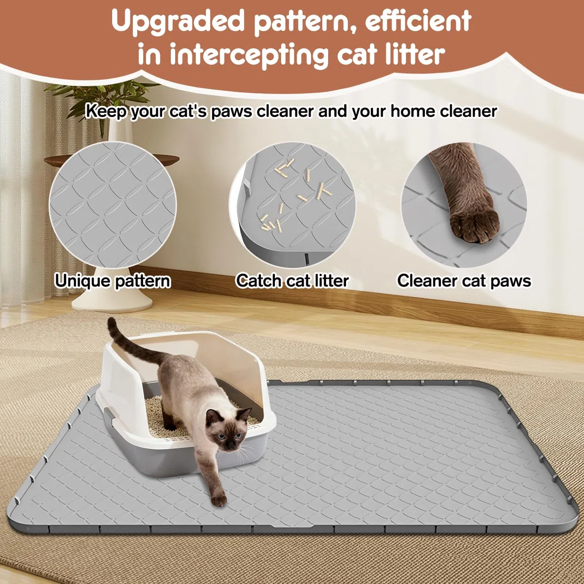 Tappetino Lettiera Gatto, Tappetino per Lettiera Gatto Grande 88x56 Cm, Materiale in Silicone Impermeabile, Grigio