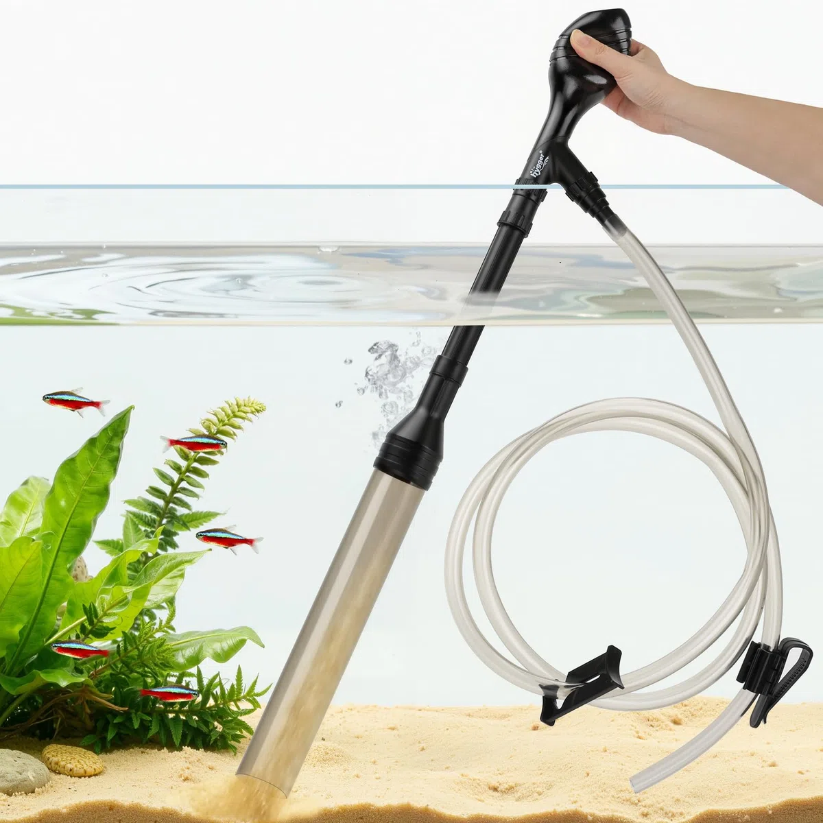 hygger Pulitore per ghiaia per acquario, azionato a mano, 256 GPH, pronto all'uso, adatto per bassi livelli di acqua, sfera di aspirazione integrata, lunghezza regolabile