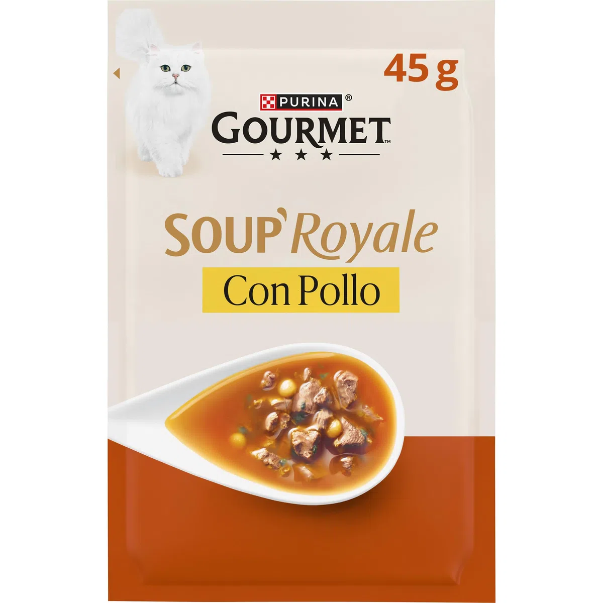 GOURMET SOUP ROYALE Alimento Umido Complementare per Gatti Adulti gusto Pollo guarnito con Perle di Pasta e Spinaci, 30 Buste da 45g