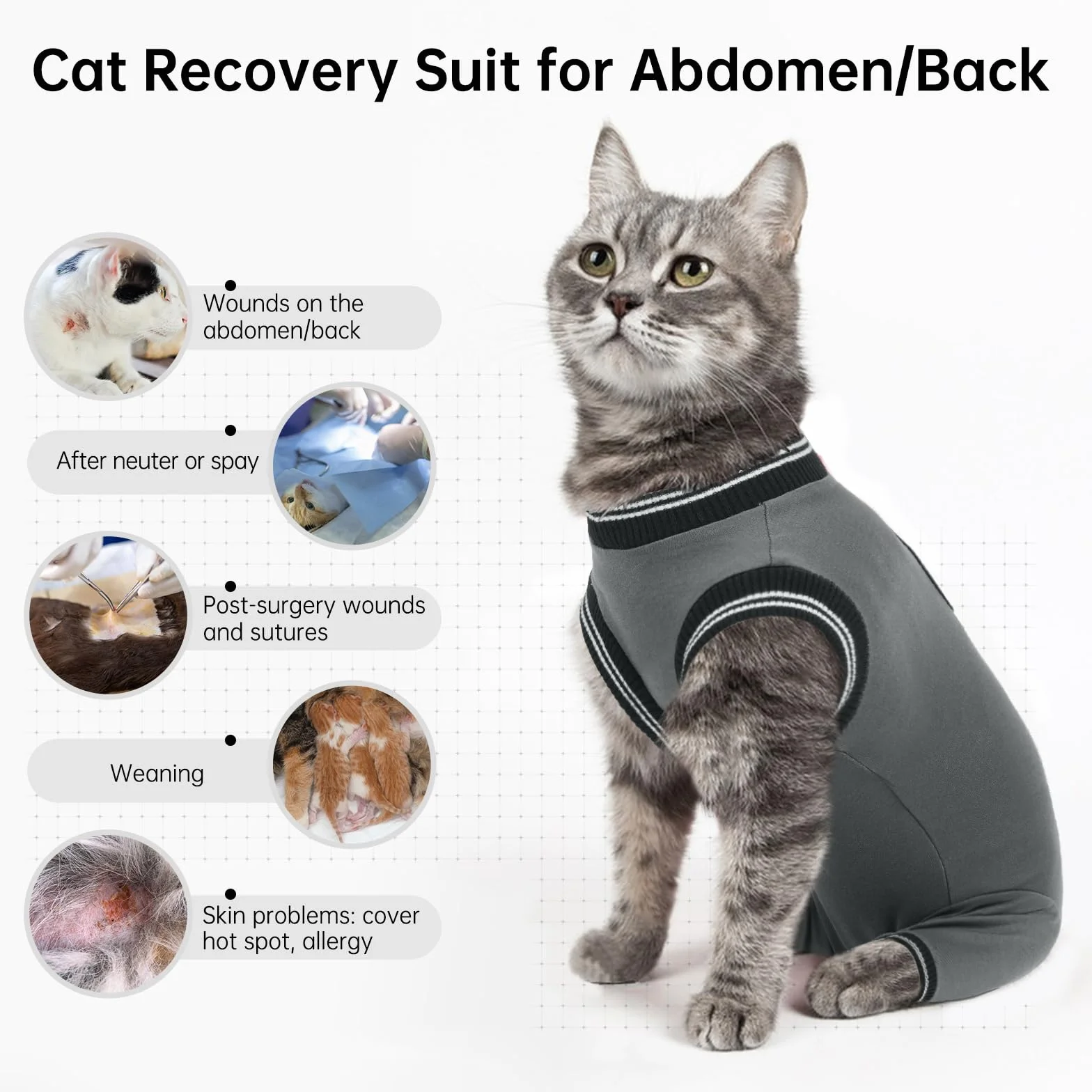 PUMYPOREITY Tuta Post-Operatoria Gatto Femmina, Body Chirurgico Gatto Grigio M