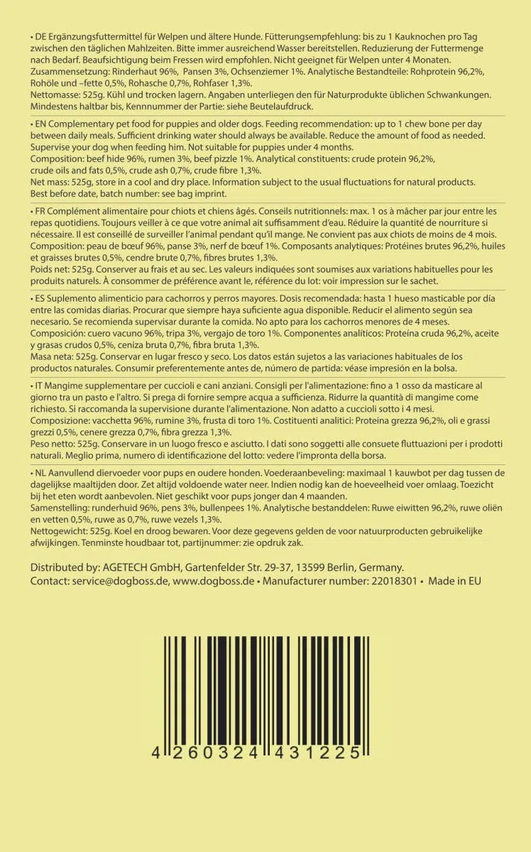 Ossa da masticare DOGBOSS a base di ingredienti naturali al 100% per i cuccioli a partire dalla 16° settimana della vita e cani anziani in varie dimensioni e gusti (5 con rumine, 17 cm)