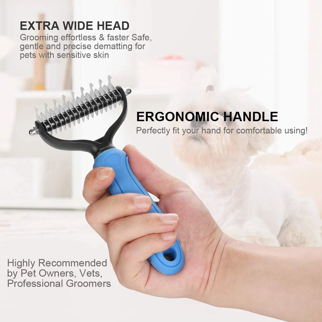 N/C Pettine per cani e gatti con 2 lati 9+17 denti, spazzola professionale per toelettatura animale domestico, rastrello per rimuovere efficacemente i nodi, blu