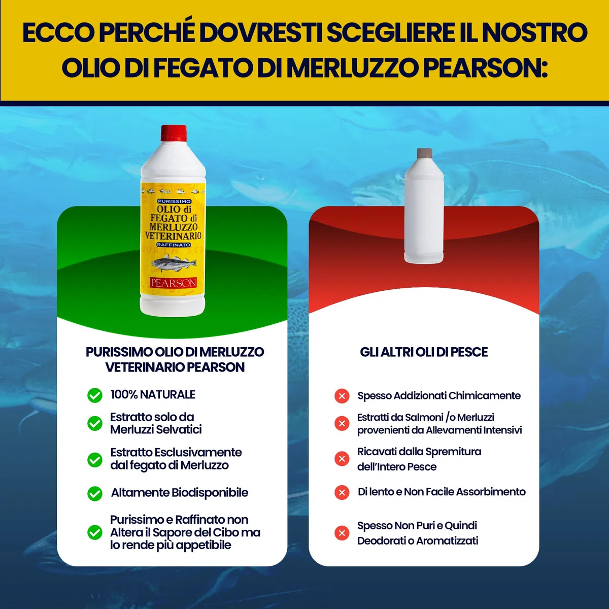 Pearson Purissimo Olio di Fegato Di Merluzzo Veterinario per Cani, Gatti, Cavalli e altri animali. Pelo lucido e Sano, Fonte di Vitamine e Omega3. (1000 ML)