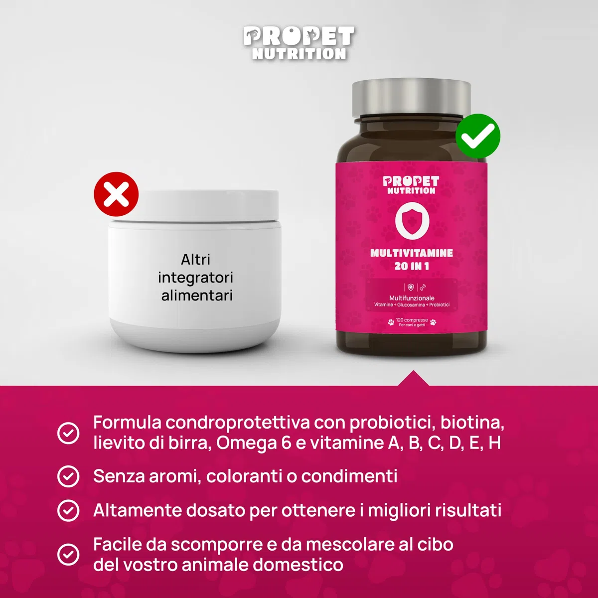 Vitamine per Cani e Gatti 20 in 1. Omega 6, Probiotici e Glucosamina. Integratore Completo Ricco di Vitamine A, B, C, H. Sistema Immunitario, Digestivo, Ossa, Articolazioni e Pelo. 100% Natural