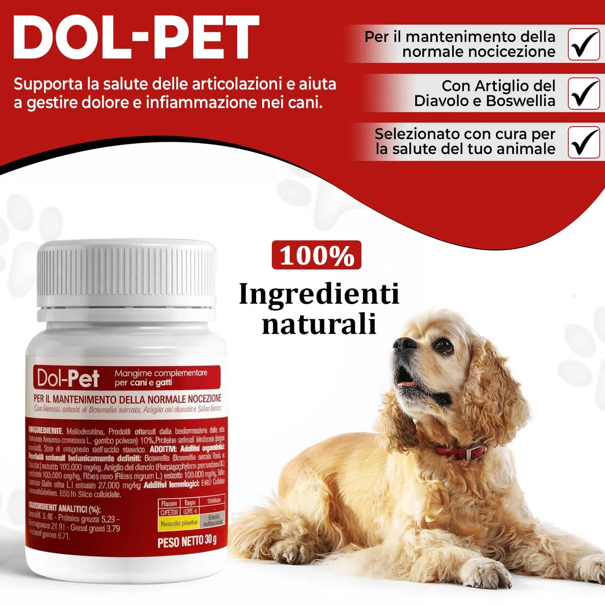 Dol-Pet Antinfiammatorio Naturale per Cani 30 Compresse Masticabili – Integratore Articolazioni con Curcuma, Boswellia, Artiglio del Diavolo – Dolori Articolari e Muscolari