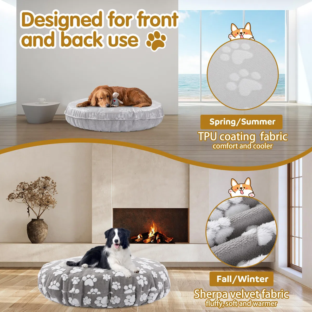 BALAPET Coperta lavabile di ricambio rotonda impermeabile per cani con bella stampa di zampe di cane e design utilizzabile su entrambi i lati, solo copertura (grigio, 91,4 x 91,4 x 19,8 cm)