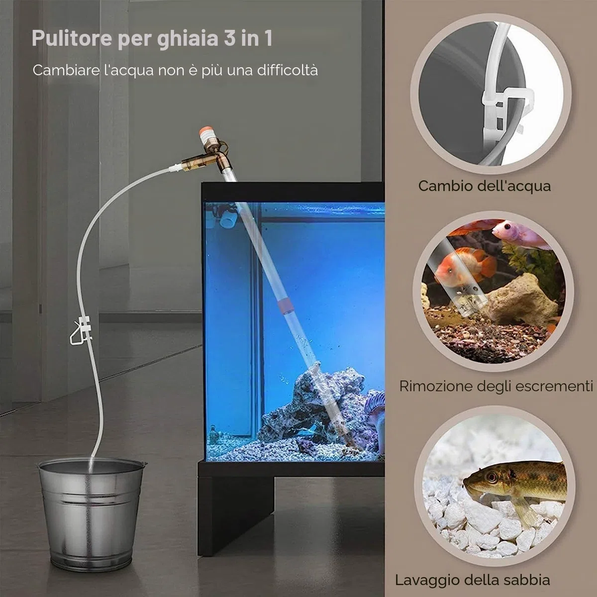 Set di Pulizia della Ghiaia dell'acquario, Veloce pulitore per Acquario, con aspirapolvere a sifone per Cambio dell'Acqua, Pompa di Pulizia con Pulsante di Pressione dell'Aria (A-08)