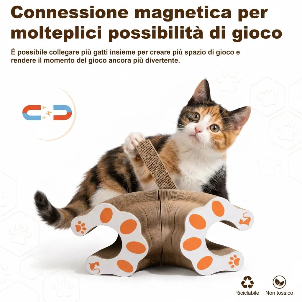 Tiragraffi Emporio Animale Flessibile Gatto, Tunnel Modulare Magnetico Gigante in Cartone Alveolare, Cuccia Trasformabile e Area Graffiante per Gatti da Interno (1-pezzo)