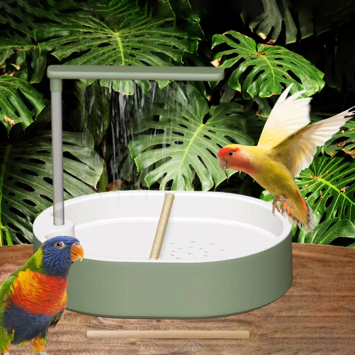 Doccia per Pappagalli con 26 Uscite d'Acqua, Vasca da Bagno Automatica per Uccelli Forniture USB Multifunzione con Pompa da 5 W, Bagnetti per Uccelli per Cockatiel, Amici, Piccioncini, Verde
