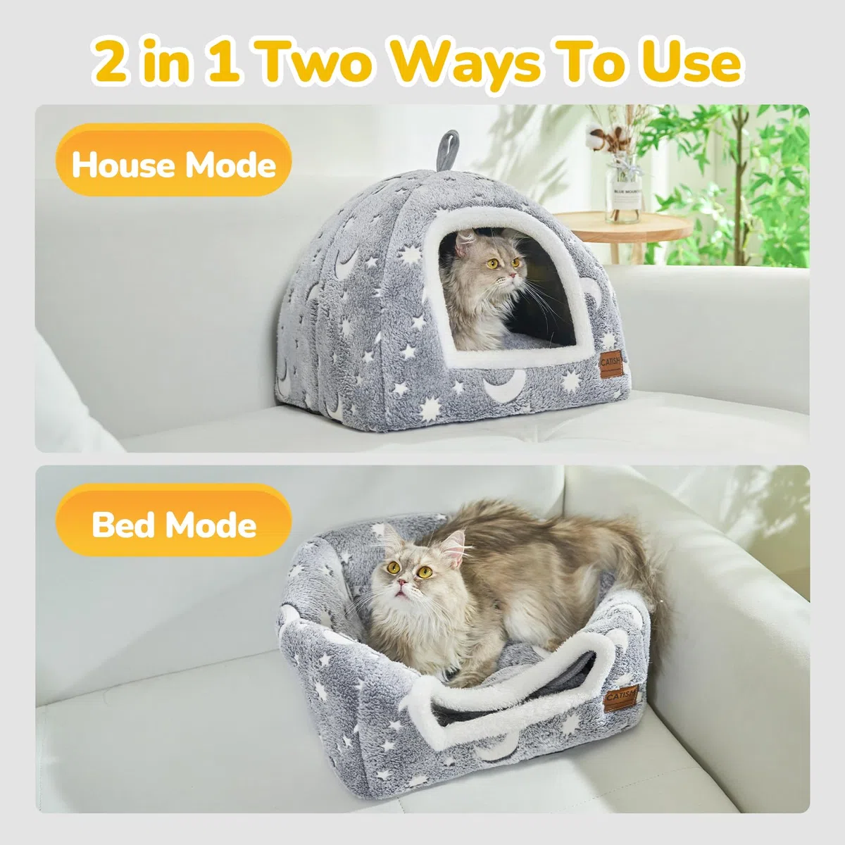 CATISM Luminosa Cuccia Gatto Interno - 2 in1 Cucce per Gatti 40 x 40 x 38 cm, Pieghevole, Lavabile e Confortevole con Cuscino Rimovibile per Gatti, Animali Domestici