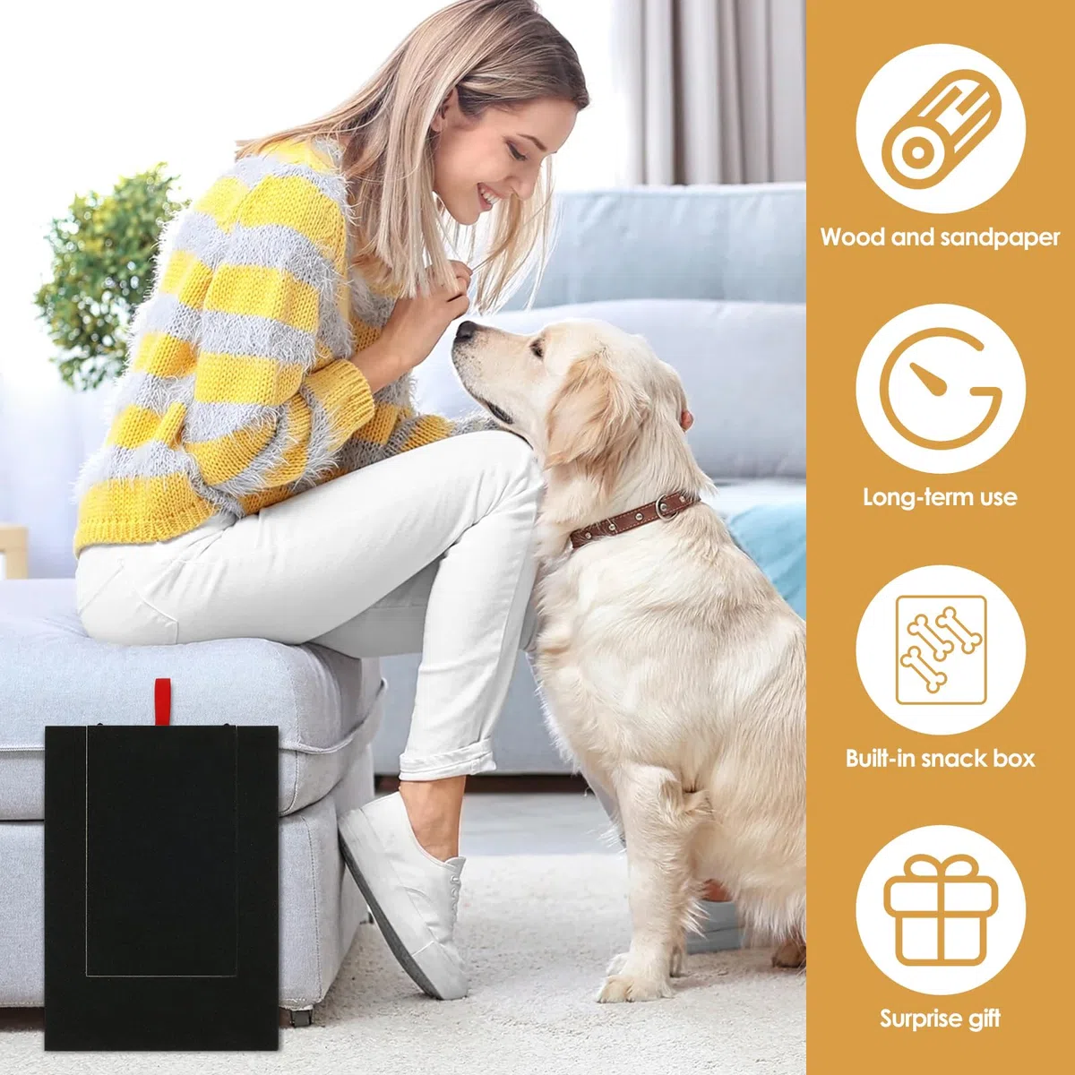 Lima per unghie per cani, in legno, con scatola per snack integrata, carta vetrata, per cuccioli, alternativa a tagliaunghie e smerigliatrici per cani (nero)