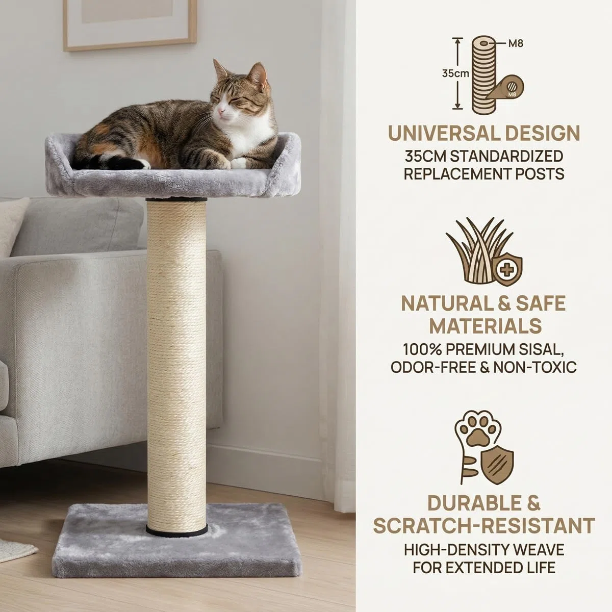 2PZ Tiragraffi per Gatti Ricambio 35 CM con Viti M8, Ricambio Albero Tiragraffi per Gatti, Palo di Ricambio per Tiragraffi, Corda di Sisal Naturale, Facile da Installare, Accessorio per Animali