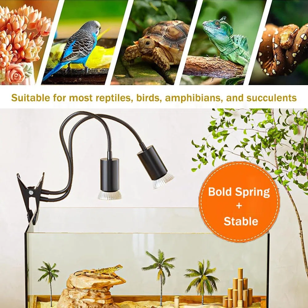 KINGYEENUO Lampada di Calore rettile a Doppia Testa con Timer, Lampadine a 3 Pacchetti: 2x50W 1x25W UVA + UVB E27 Basking Luce, Lampada a Clip Rotabile a 360° con Controllo Separato per Tartaruga