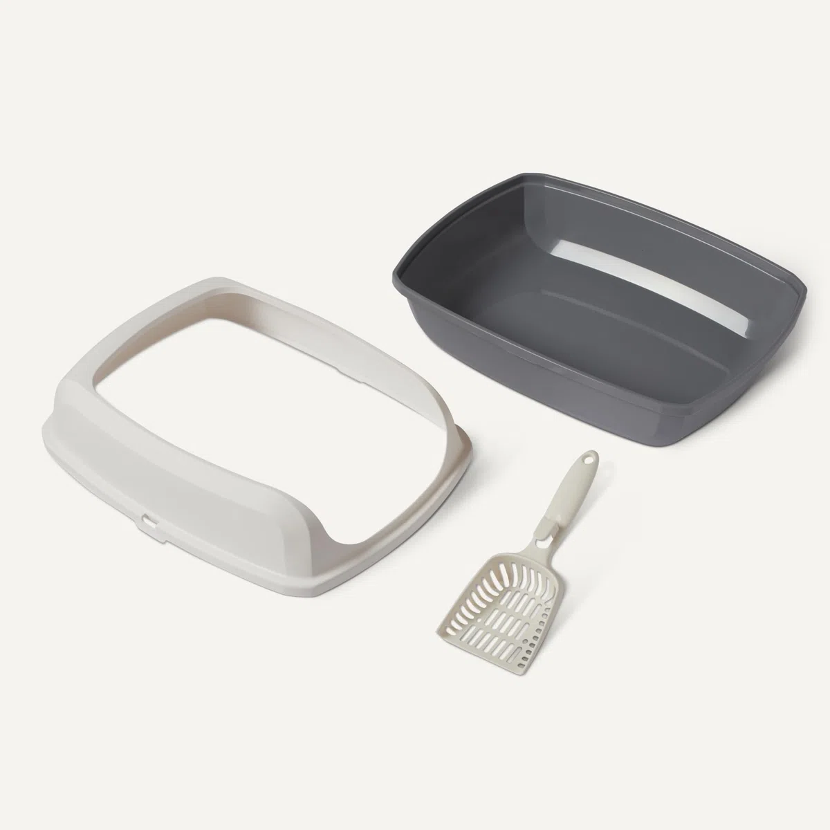 Amazon Basics - Lettiera per Gatti Alta e Aperta, Facile da Pulire, con Paletta, Bianco/Grigio, 50,5cm x 38,0cm x 20,0cm