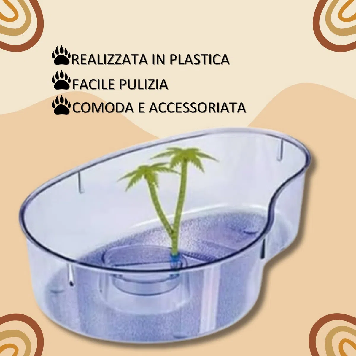 Pet's Market Thasos Tartarughiera Acquario per Tartarughe d'Acqua Vaschetta a Forma di Goccia in Plastica Piccole Tartarughe con Isola Palme 31,5x21,5x8 cm