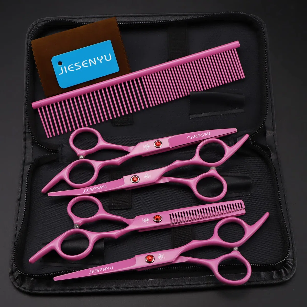 Kit di forbici per la toelettatura degli animali domestici, Da 6 pollici , set di forbici da taglio, taglio a taglio, forbici curve, pettine per la toelettatura (set rosa)