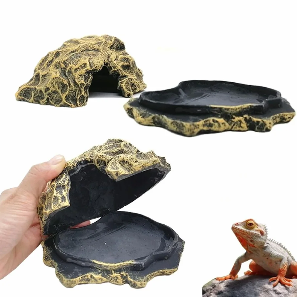OMEM Rettile Hide Grotta Roccia Resina Paesaggio con Bacino Del Cibo Ciotola Acqua per Geco, Lucertola, Serpente, Corna, Rana, Ragno, Pet Escape House Durevole Rifugio (Marrone)