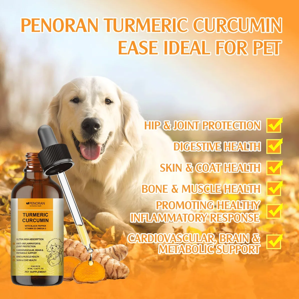 Gocce di curcumina e curcuma per cani anziani e lavoratori: Mobilità e flessibilità articolari, recupero dal dolore, digestivo, cervello, fegato, ossa, muscoli, pelle, pelo - migliore assorbimento