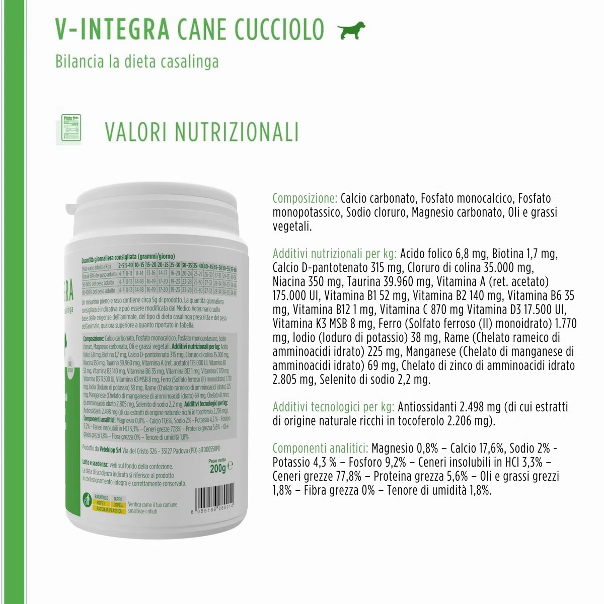 V-INTEGRA Cane Cucciolo 200g, Integratore Completo Ricco di Vitamine e Minerali per Dieta Casalinga e BARF, V Integra Multivitaminico Cane, Made in Italy
