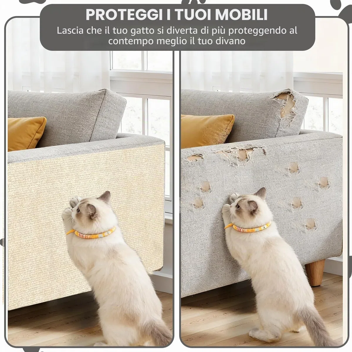 Tappeto Tiragraffi per Gatti Autoadesivo - 300 x 40cm, Protezione Divano Graffi Gatto, Riutilizzabile e Tagliabile, DIY Tiragraffi per Gatti, Ideale per Divani Mobili Pareti Cachi