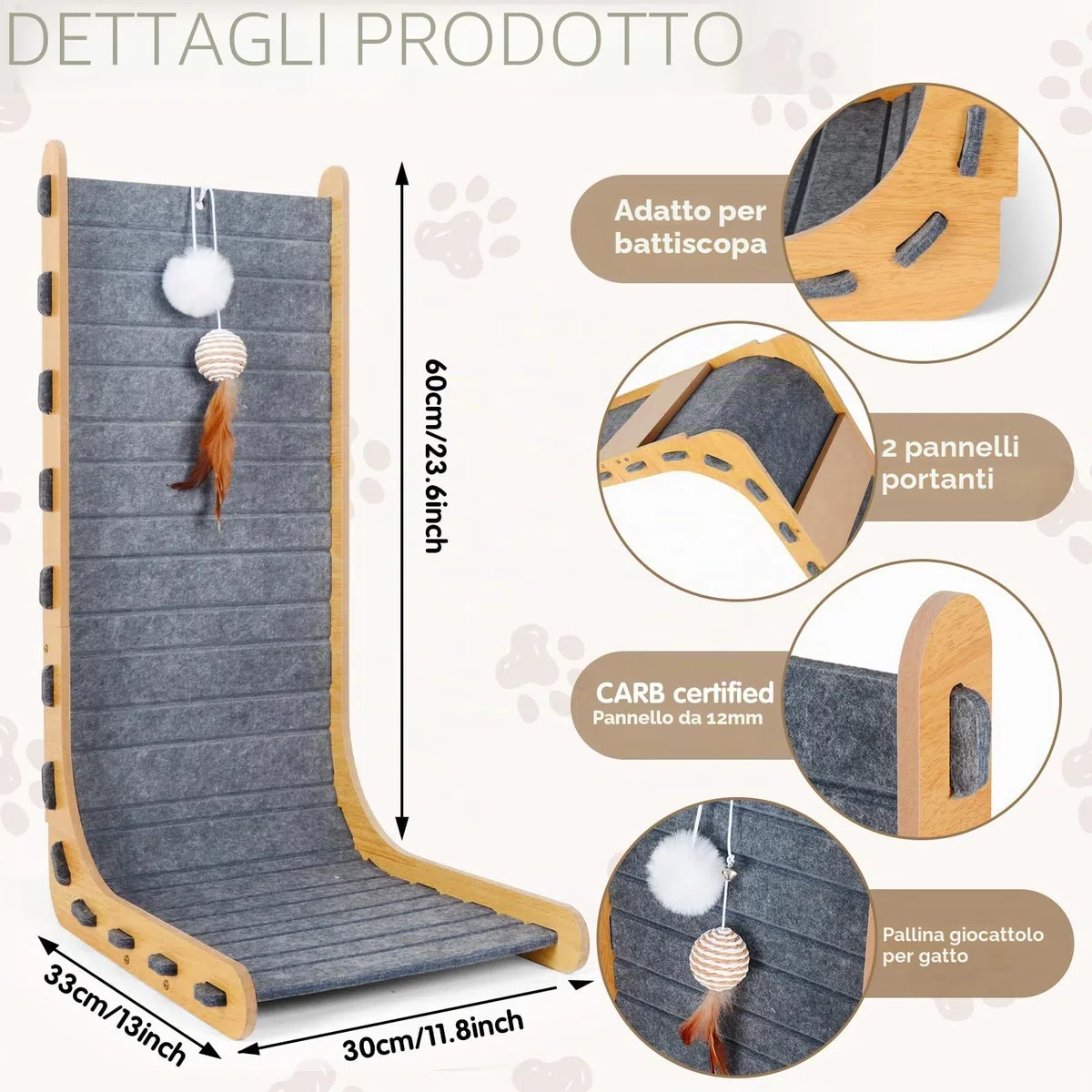 Tiragraffi per gatti, a forma di L, in feltro e legno, con campanella a sfera, resistente, per proteggere le pareti dei mobili, grigio
