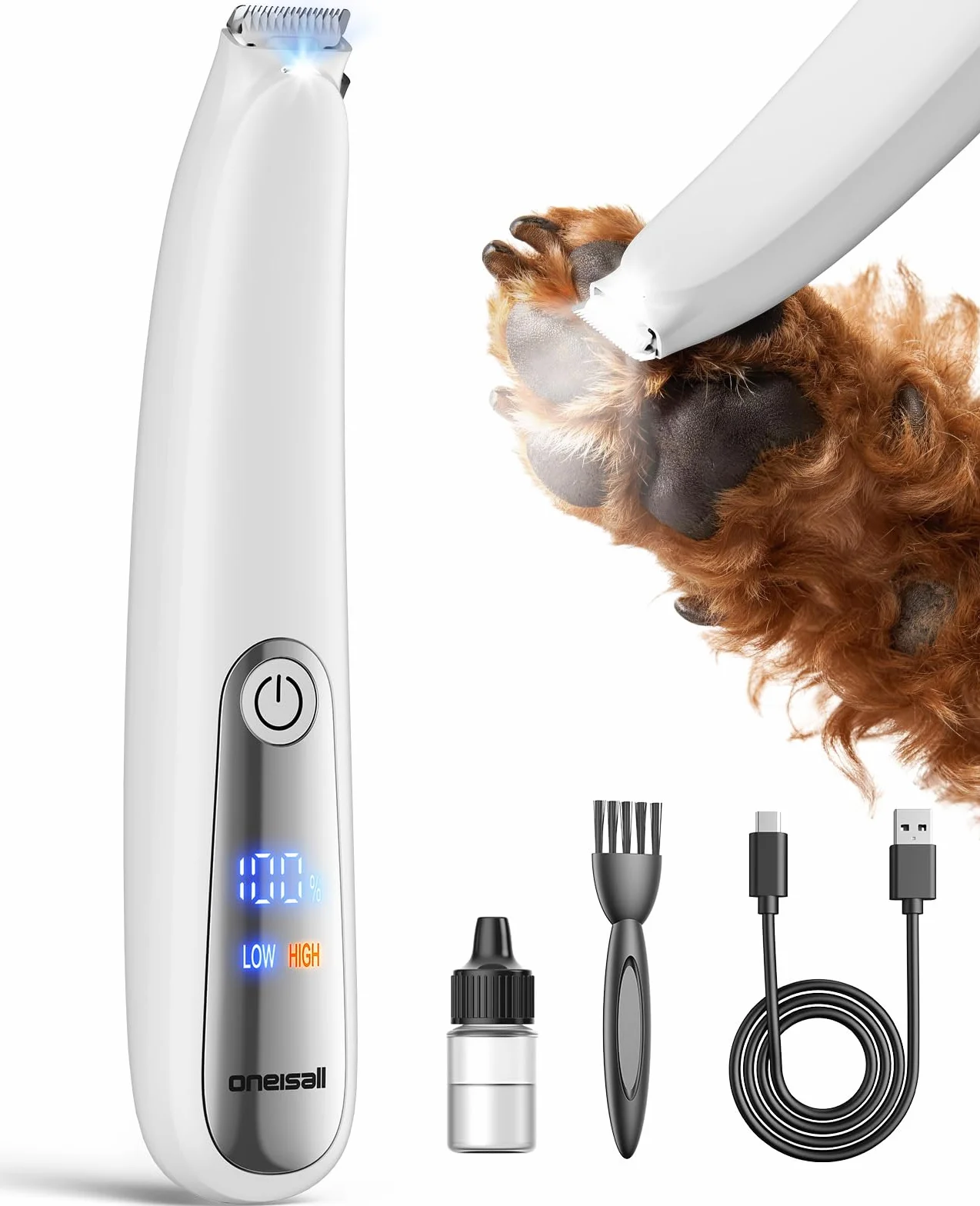 oneisall Tosatrice per gatti con luce a LED, tagliazampe per cani, extra silenziosa, zampe di cane, zampe, gatti, rasoio, Paw Trim Pro Dr. per zampe, viso, glutei, orecchie, occhi (bianco)