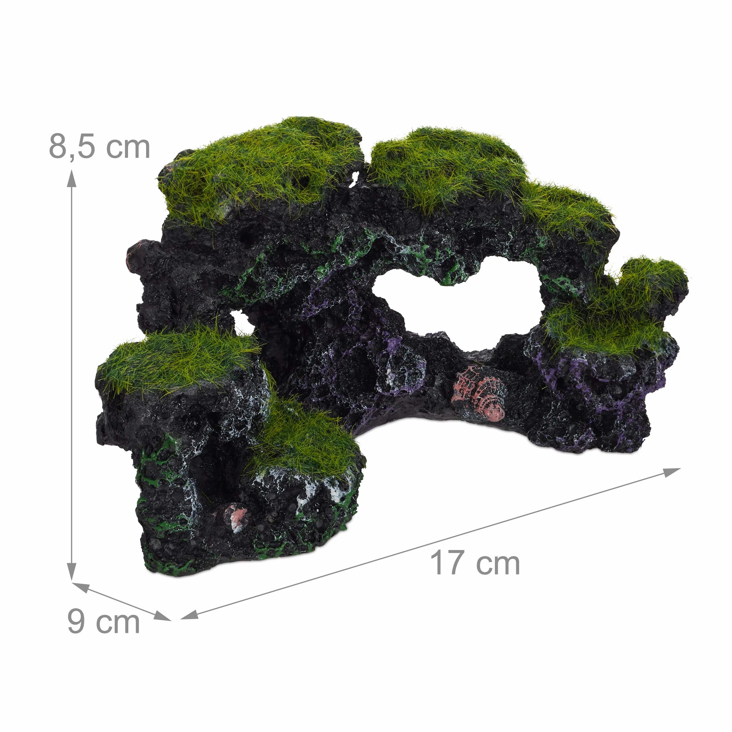 Relaxdays Decorazione per Acquario, Aspetto Naturale, Decorativo, Nascondiglio, Scogliera, Accessori,8,5x17cm,Nero-Verde