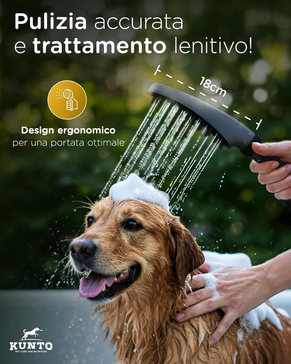 doccia KUNTO®: doccia per cani a 4 getti - setole in silicone per pulizia piacevole ed efficace del pelo. Adattatore per tubo da giardino