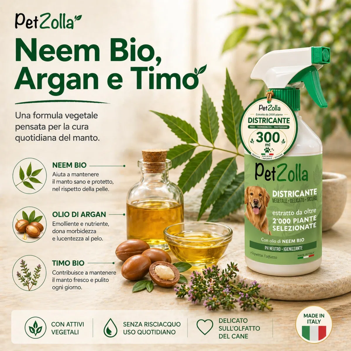 Spray districante sciogli nodi pelo cane 300 ml, Districante Pelo Cane con Olio di Neem Bio, Argan e Timo, protegge nutre ed igienizza, delicato ed efficacie, Made in Italy
