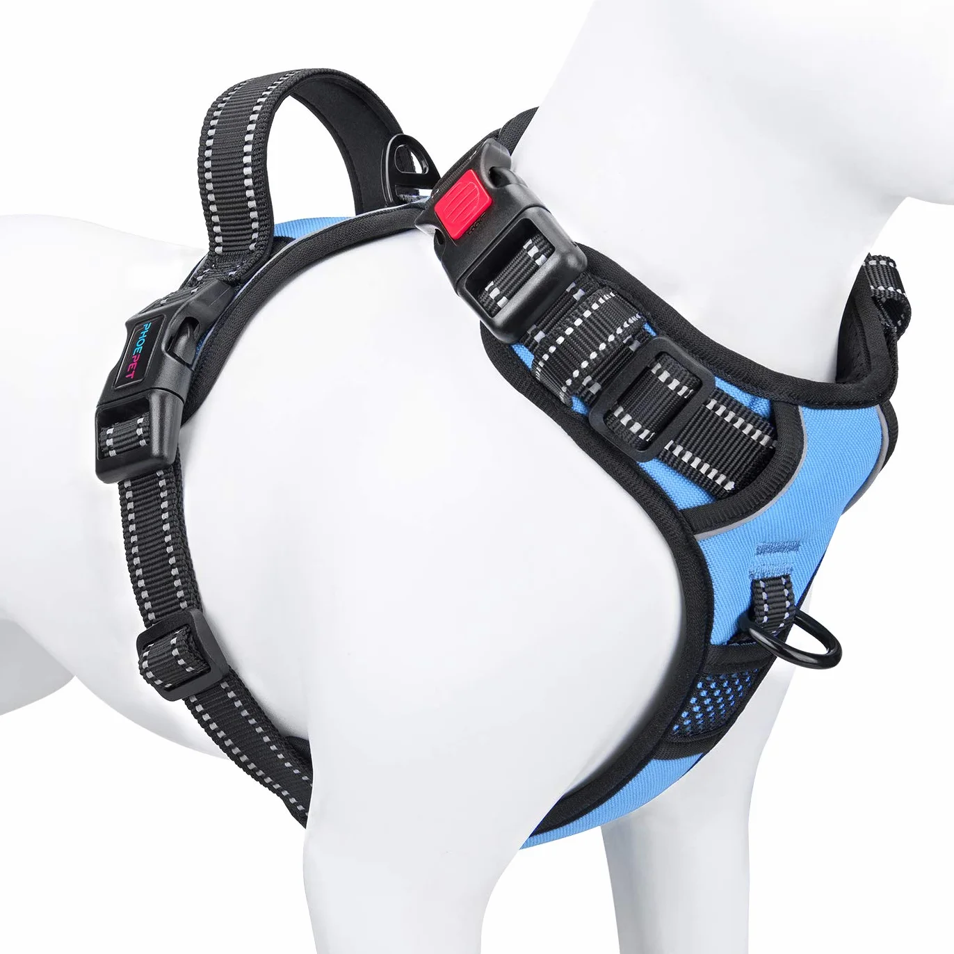 PHOEPET - Pettorina per cani anti-tiro, regolabile, riflettente, con manico per addestramento, tasca per nome, 2 ganci per guinzaglio in metallo, 3 fibbie a scatto, facile da indossare, S, celeste