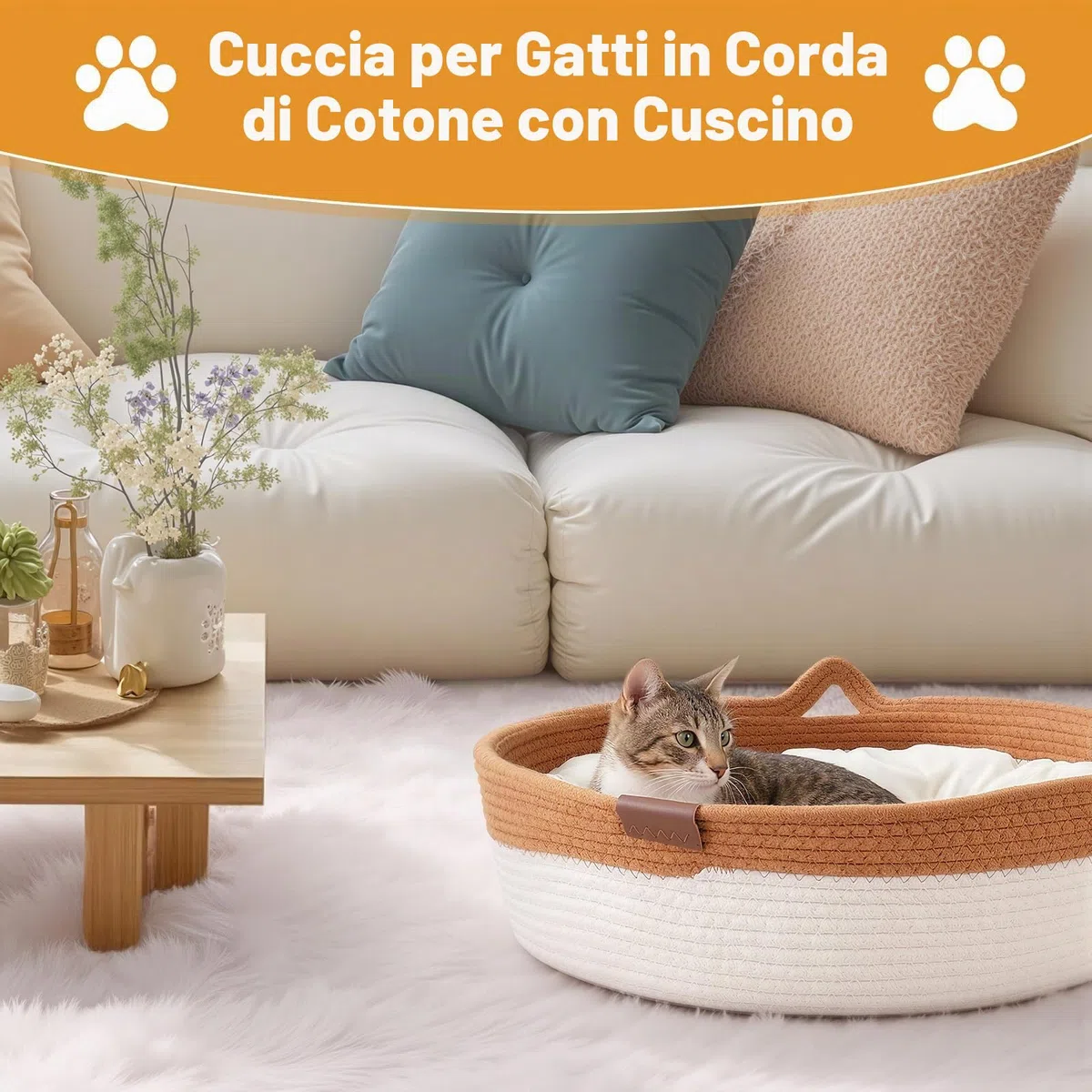 Zocipro Letto per Gatti in Corda di Cotone con Cuscino, 46x46x16 cm Grande Cuccia Rotonda Lavabile con Pallina Giocattolo in Corda di Cotone