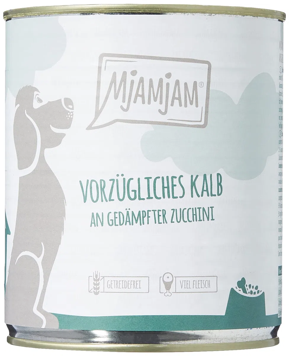 MjAMjAM - cibo umido premium per cani - ottimo vitello con zucchine al vapore, confezione da 6 (6 x 800 g), senza cereali con carne extra