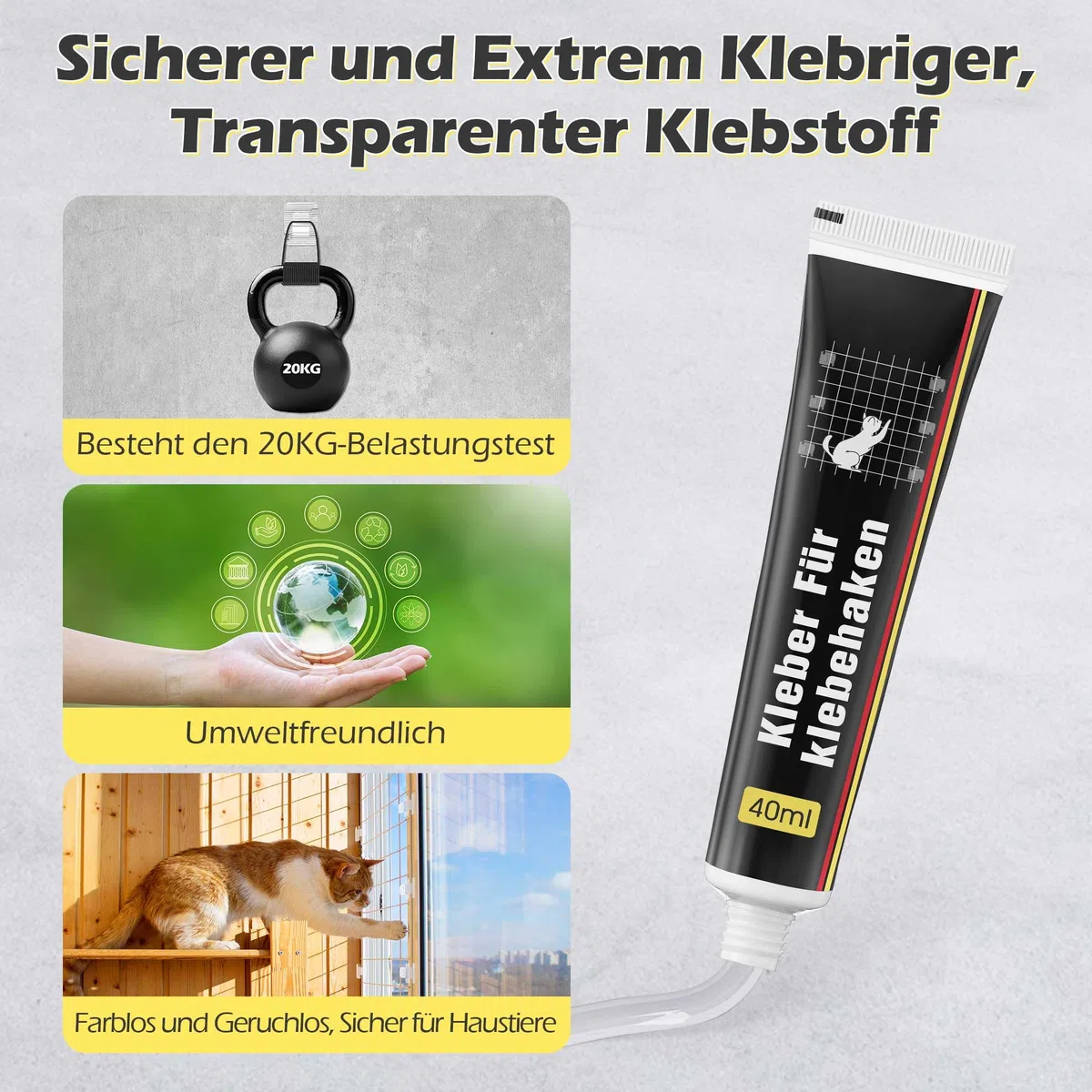 Enhon 50 Pezzi Ganci Adesivi per Zanzariera per Gatti per Balcone con 2 Pezzi 40ml Adesivo di Montaggio Extra Forte, Pc Trasparente, Resistente Ai Raggi UV, per Gatti per Balcone Senza Forare