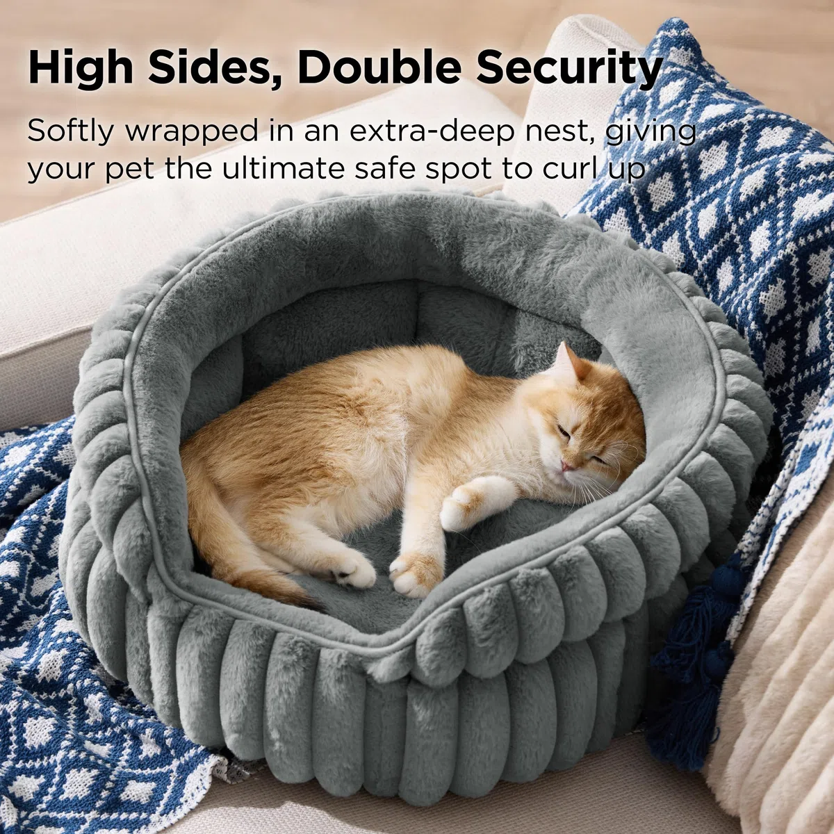 Bedsure Cuccia lavabile per gatti - 51x51 cm, piccola cuccia rotonda per gatti da interno, cestino per cuccioli con fondo antiscivolo e cuscino rimovibile reversibile, grigio