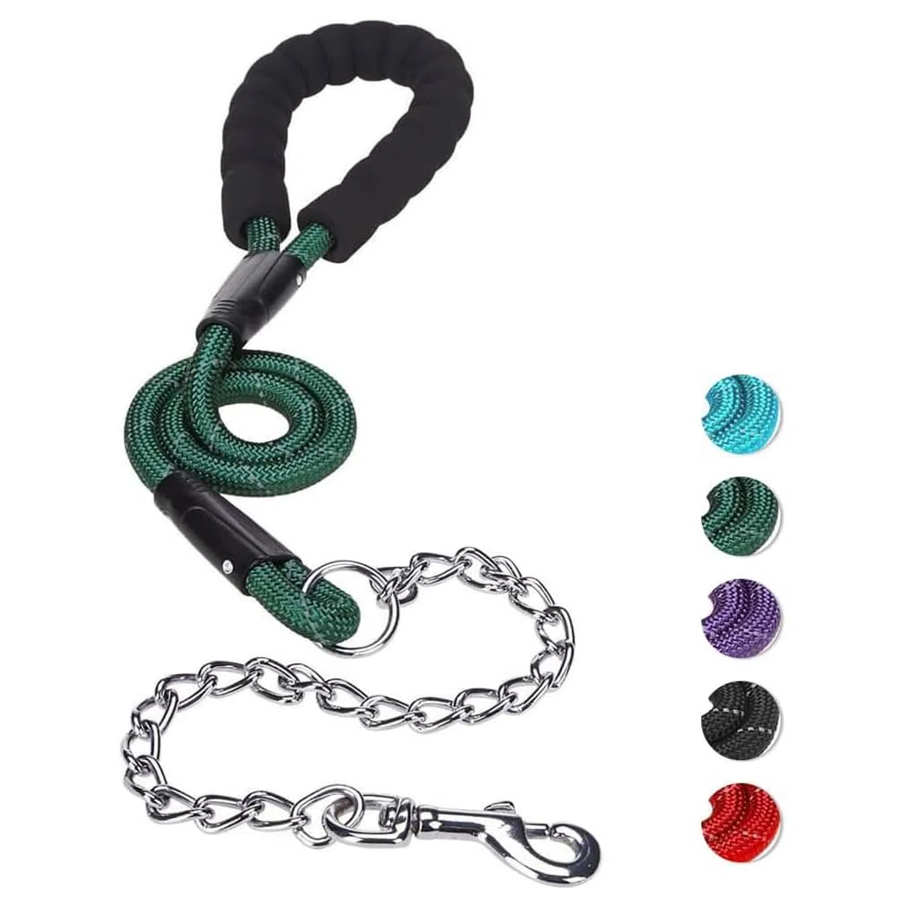 Mihachi Guinzaglio per cani anti morso - Guinzaglio resistente in corda con catena anti-morso e morbida impugnatura imbottita, guinzaglio forte senza grovigli con fili riflettenti, verde