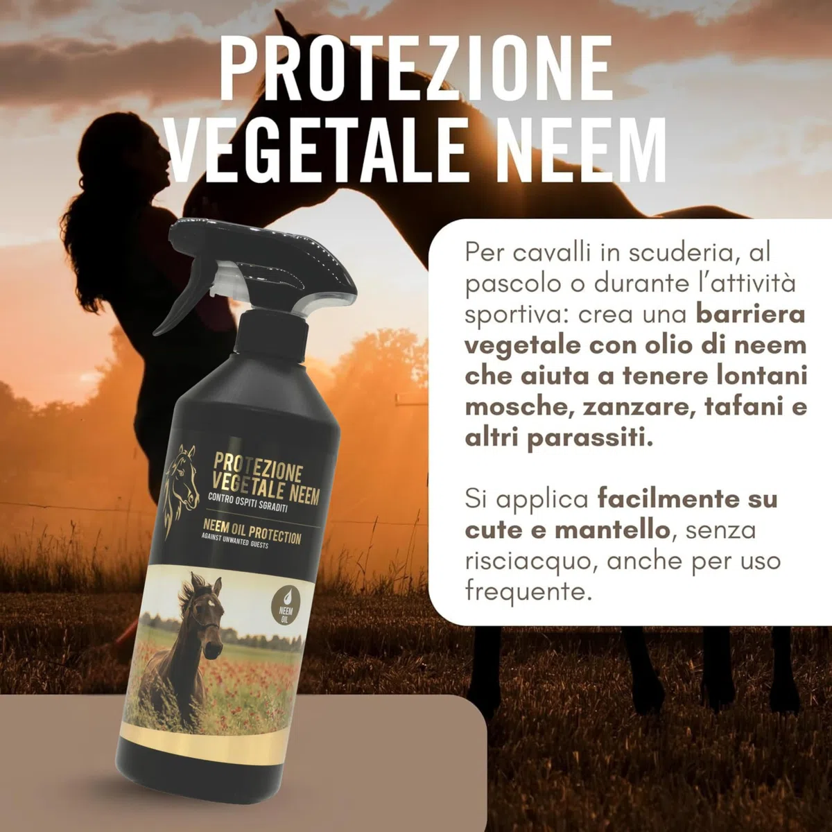 Olio di Neem per Cavalli 750 ml - Repellente Insetti Spray Protezione Vegetale Contro Mosche, Zecche, Zanzare e Tafani Neem Oil Naturale Senza Risciacquo, Uso Frequente