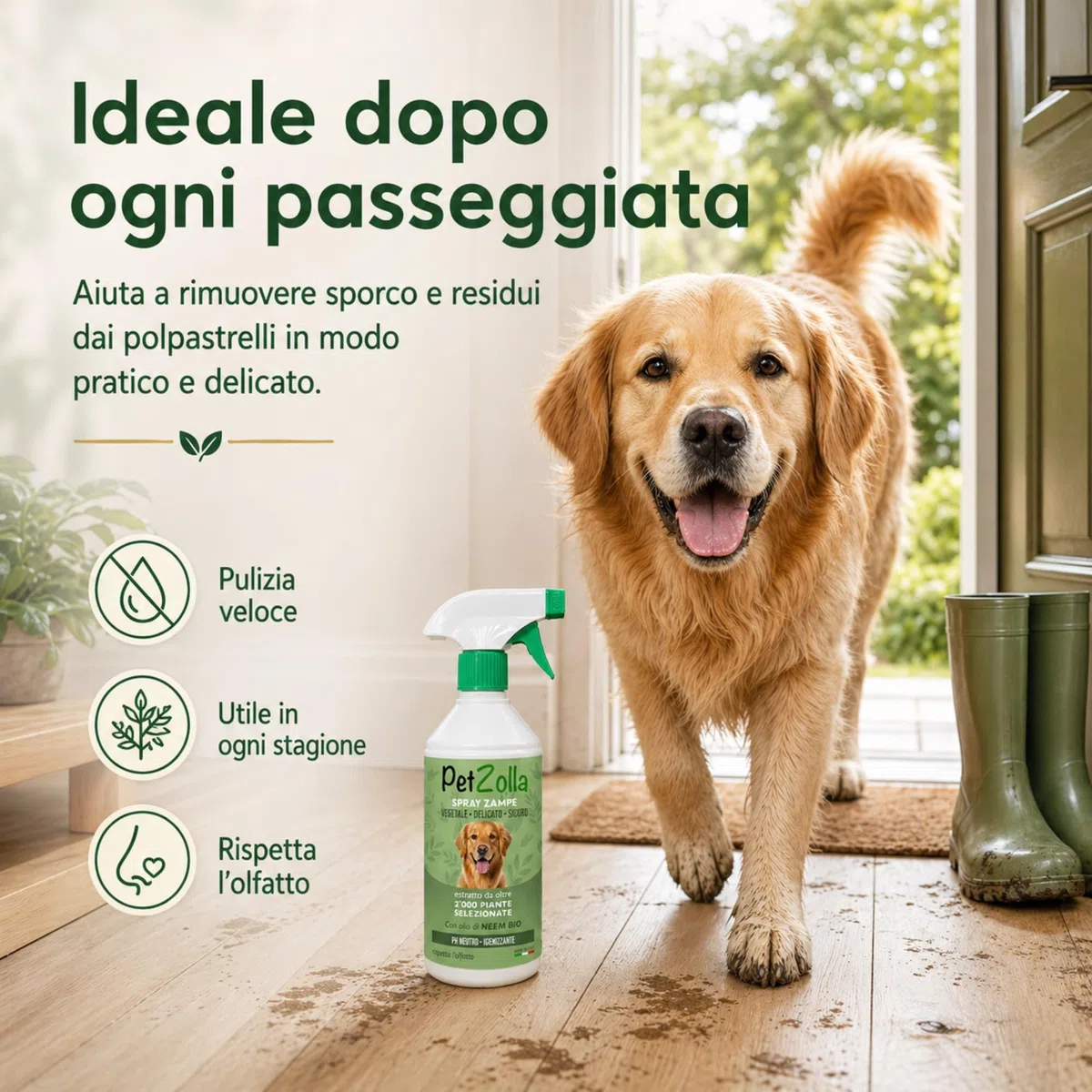 Spray pulisci zampe cane naturale e delicato 750ml, Lava zampe per cani senza risciacquo con olio di neem, argan e timo, azione idratante e protettiva - Made in Italy