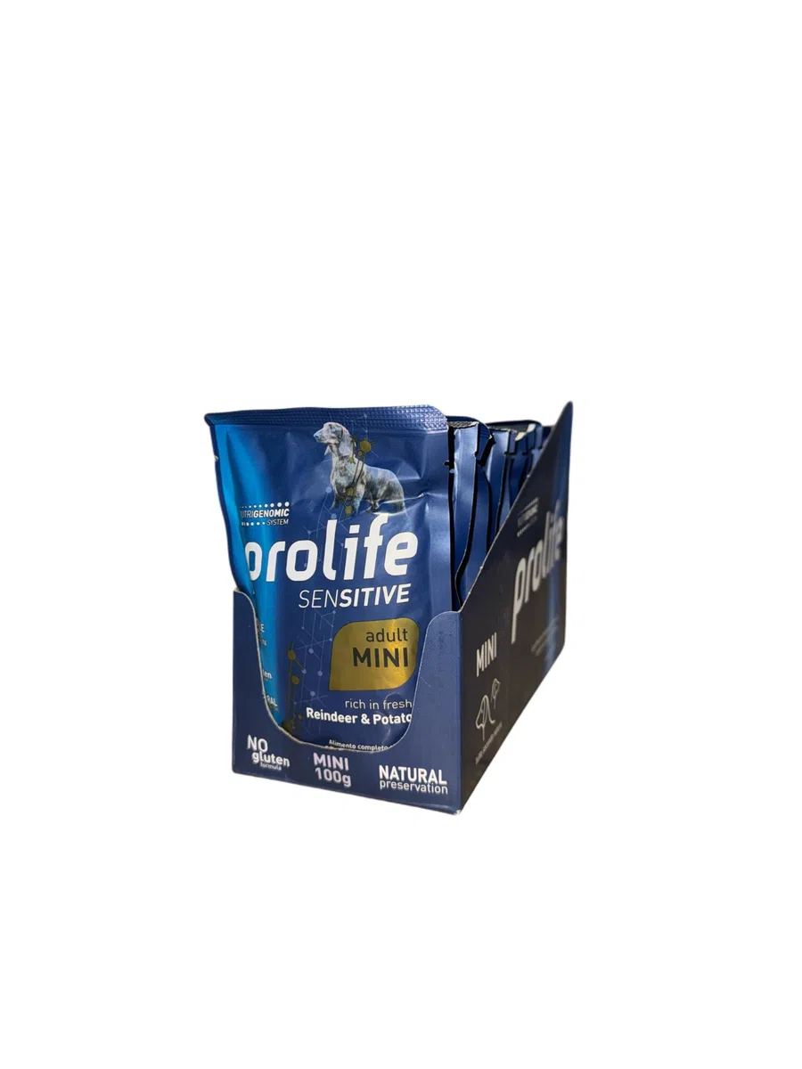 Prolife Umido Cane Sensitive Adult Mini, alimento completo per cani adulti di tutte le taglie, gusto RENNA FRESCA e PATATE 100g | 12 bustine da 100 grammi l'una.