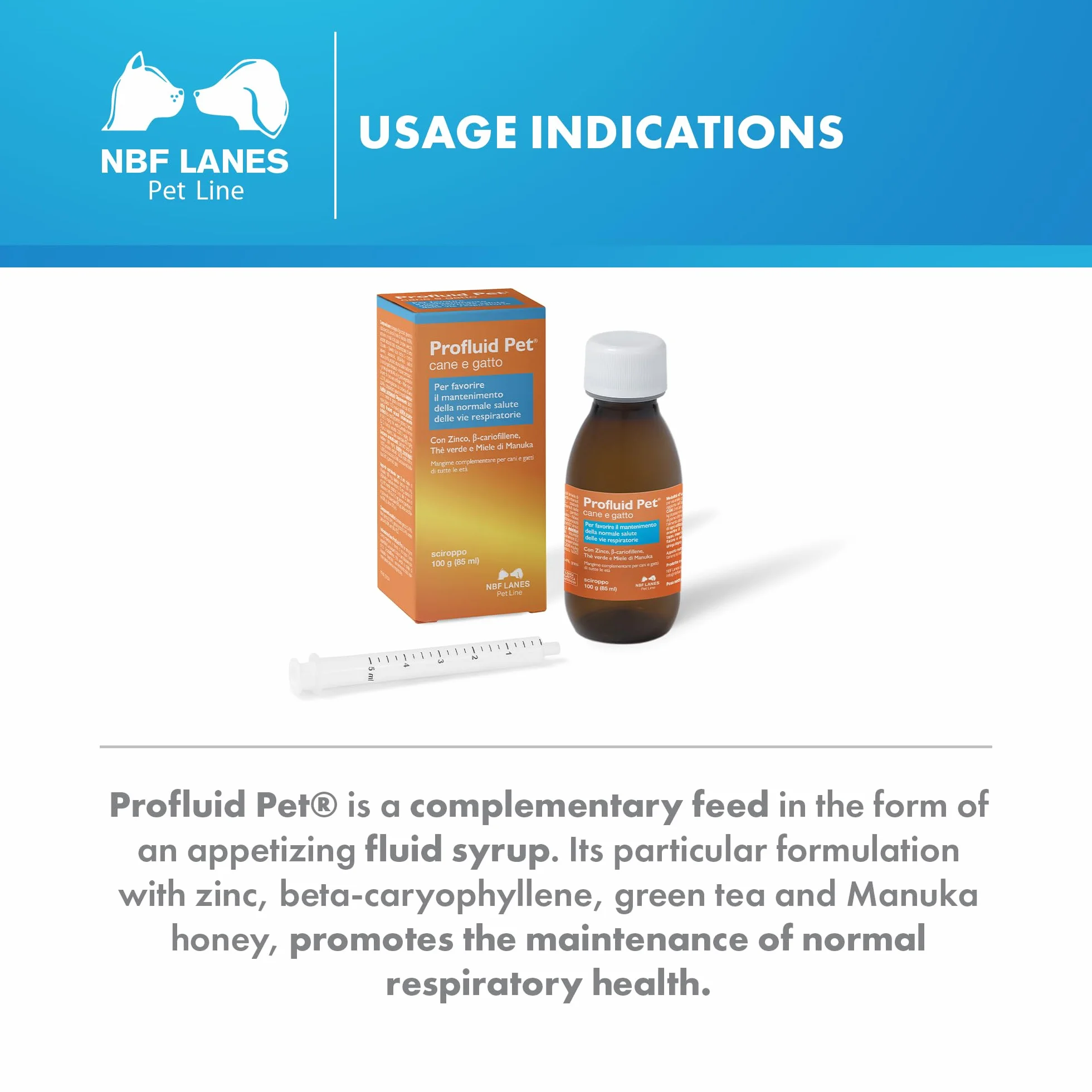 NBF Lanes | Profluid Pet Cane e Gatto, Sciroppo Appetibile 100 g. per Favorire il Mantenimento della Normale Salute delle Vie Respiratorie