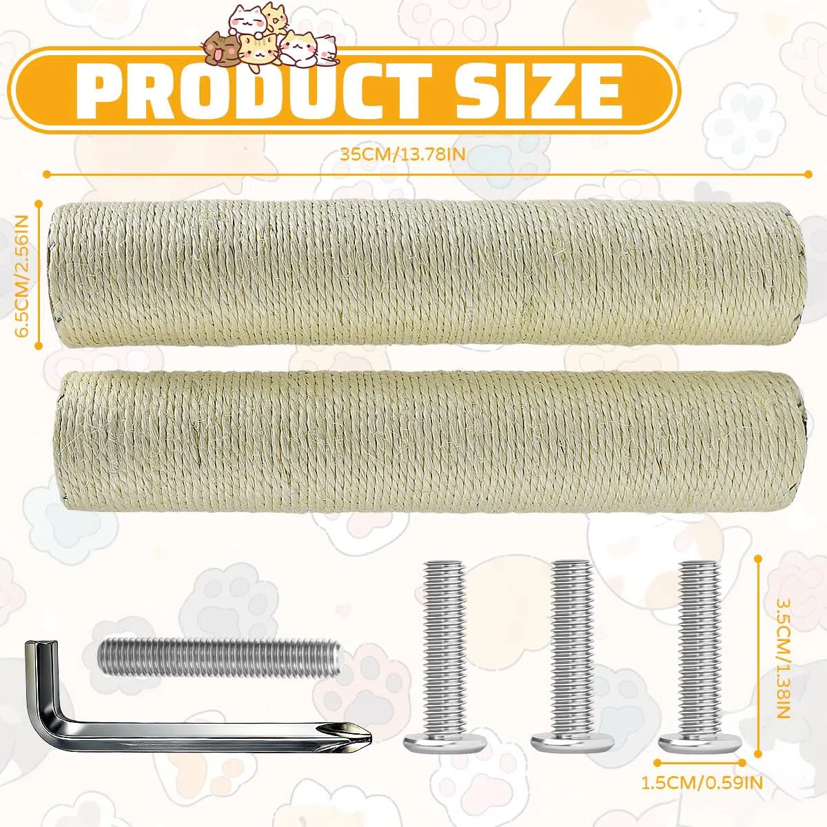 2PZ Tiragraffi per Gatti Ricambio 35 CM con Viti M8, Ricambio Albero Tiragraffi per Gatti, Palo di Ricambio per Tiragraffi, Corda di Sisal Naturale, Facile da Installare, Accessorio per Animali