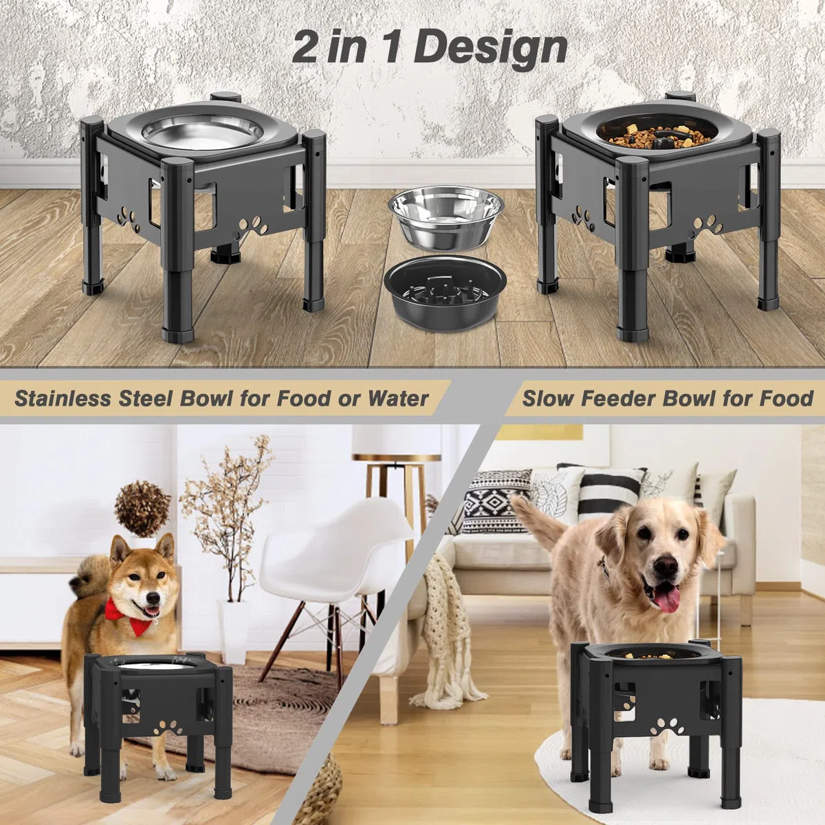 Lewondr Ciotola per Cani Rialzata, Ciotole per Cani Rialzate Anti Ingozzamento con Ciotola ad Alimentazione Lenta da 1,1 L Ciotola in Acciaio Inox con 3 Altezze Regolabili per Cani di Piccola a Grande