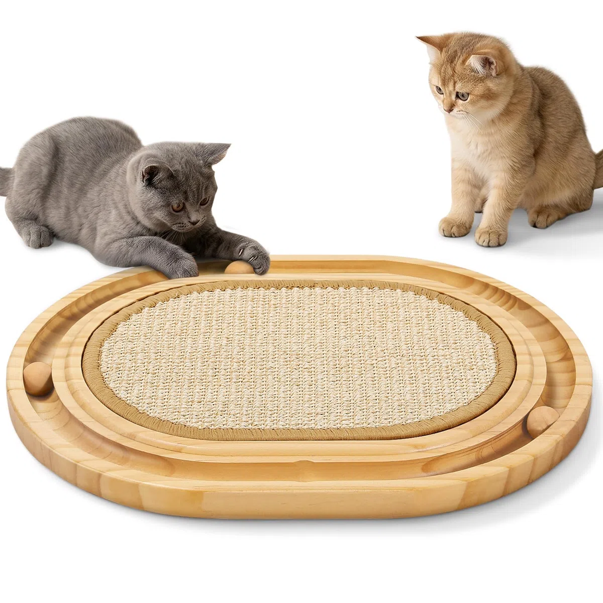 Gimars Tiragraffi Ovale per Gatti in Sisal Naturale, Gioco Interattivo 3-in-1 con Pista in Legno e Palline Ruotanti, Cuccia Letto e Tappetino Antiscivolo per l'Intrattenimento dei Gatti in Casa