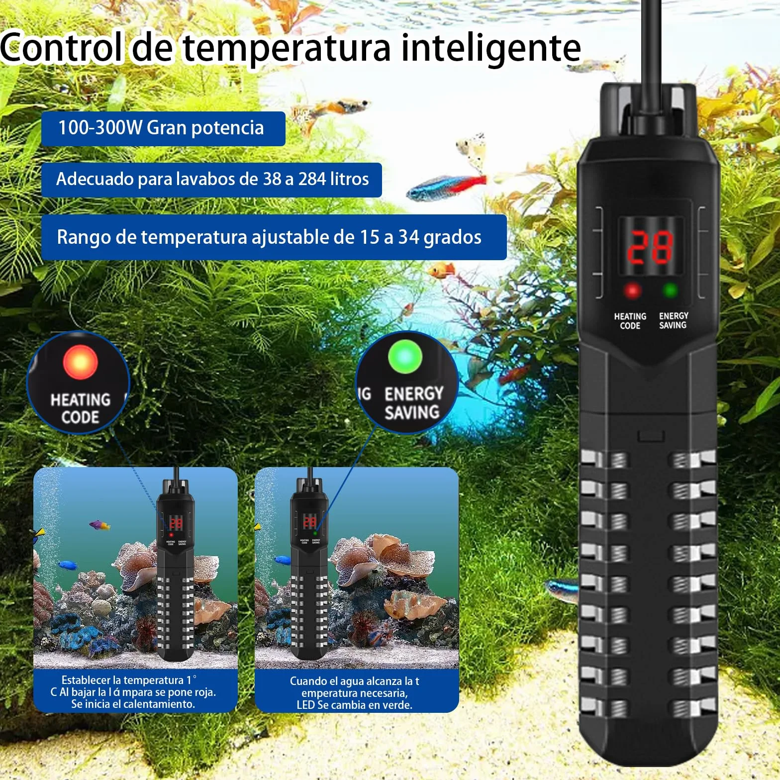 HUIZHOU Riscaldatore per Acquari (15-34 °C), Riscaldatore Regolabile per Acquari 100-300 W, Riscaldatore Termostatico Ad Alta Potenza per Acquari e Vasche per Pesci (200W)